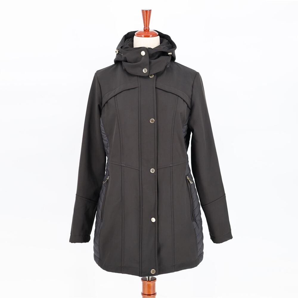 Gallery Women Black Water Resistant Soft-Shell Lightweight Hooded Jacket Size S